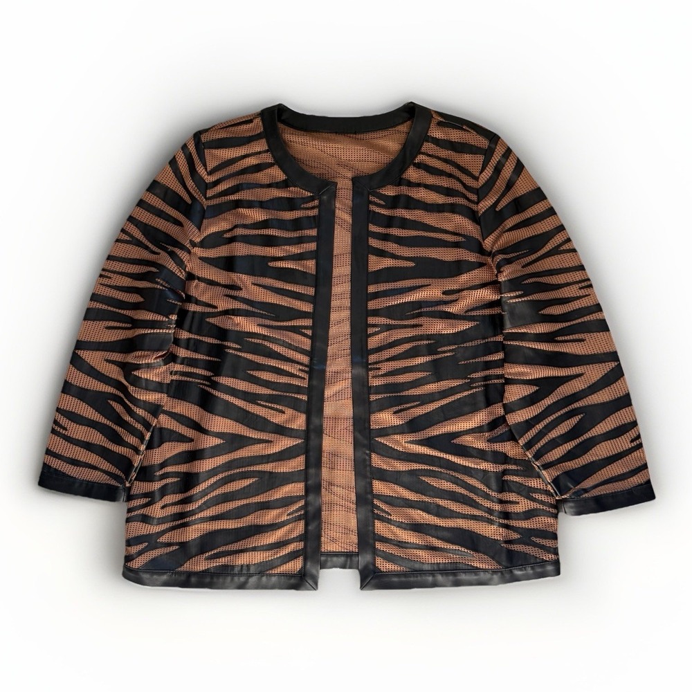 Chicos Travelers Brown Zebra Mesh Jacket L Open Front Faux Leather Trim Animal
